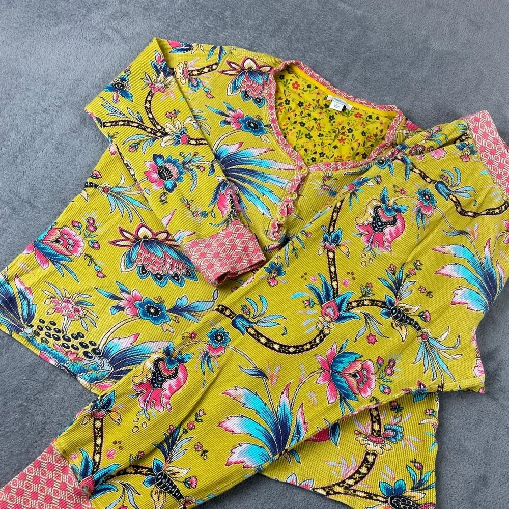 Sundance Women Large Pajama Set Yellow Floral Waffle Knit Cotton Henley Joggers